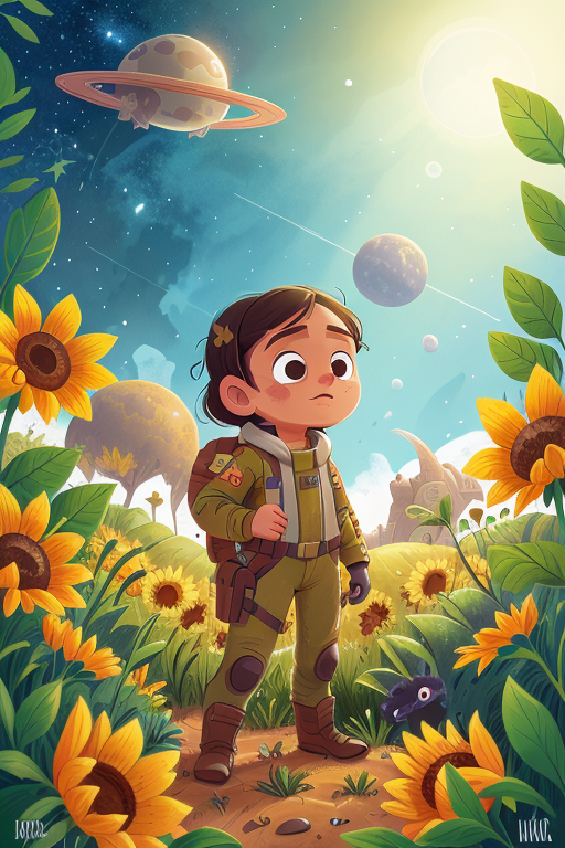 a Honduran girl in a wasteland, explorer suit, alien planet, space, starfield, kid, Sunflower Field <lora:COOLKIDS_MERGE_V...